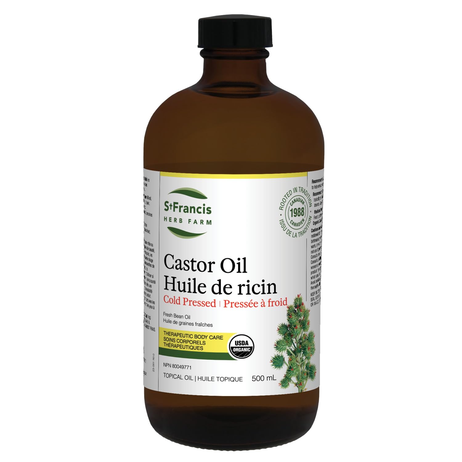 ST FRANCIS HERB FARM Castor Oil (500ml) USDA Certified Organic, Cold Pressed, Hexane-Free, GMO Free, Vegan, Vegetarian, Sealed in Protective Amber Glass (1 Bottle) Hair, Skin, and Nail Care 🍁 All In One Marketplace Canada