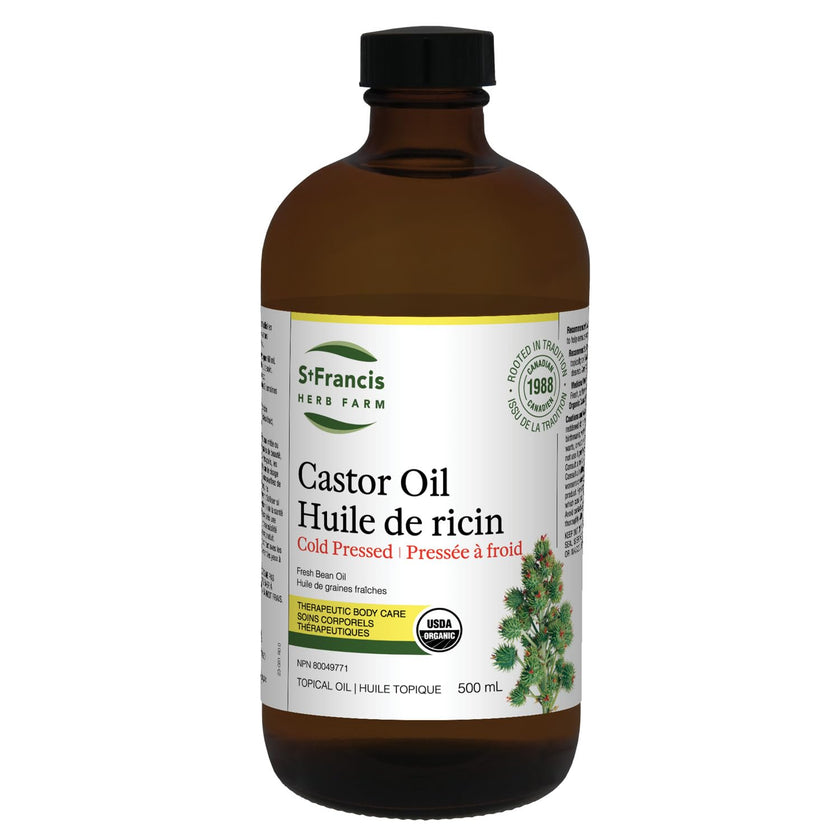 ST FRANCIS HERB FARM Castor Oil (500ml) USDA Certified Organic, Cold Pressed, Hexane-Free, GMO Free, Vegan, Vegetarian, Sealed in Protective Amber Glass (1 Bottle) Hair, Skin, and Nail Care 🍁 All In One Marketplace Canada