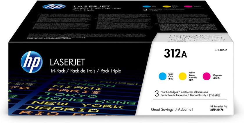 HP 312A (CF440AM) Cyan, Magenta & Yellow Original LaserJet Toner Cartridges, 3 Pack