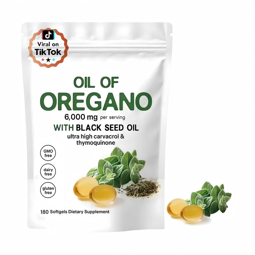 Oil of Oregano Softgels 6000mg Per Serving, 2 in 1 Formulated with Black Seed Oil 200mg, 4X Strength Carvacrol & Thymoquinone | Plant Based, Non-GMO & Immune Support (180 Count/1 Bag) 🍁 All In One Marketplace Canada