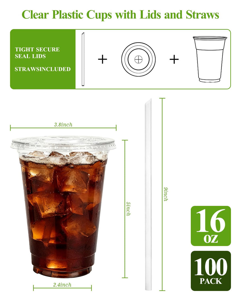 Goodluck 100 Pack 16oz Plastic Cups with Lids and Straws, Clear Disposable Iced Coffee Cups, Food Safe Cold Drink Cups for Bubble Tea, Smoothies & Shakes, BPA Free 🍁 All In One Marketplace Canada