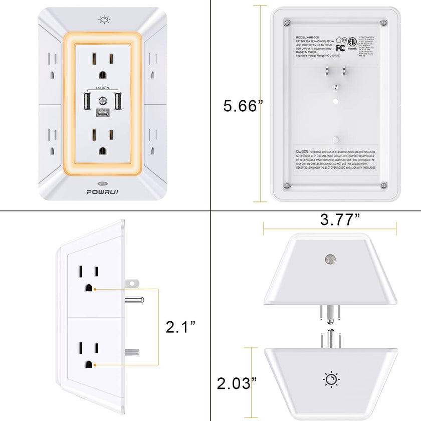 3-Sided Power Bars with Surge Protector, POWRUI 6-Outlet Extender with 3 USB Ports (1 USB C) and Night Light, Multi Plug Outlet and Spaced Outlets Adapter, ETL, White 🍁 All In One Marketplace Canada