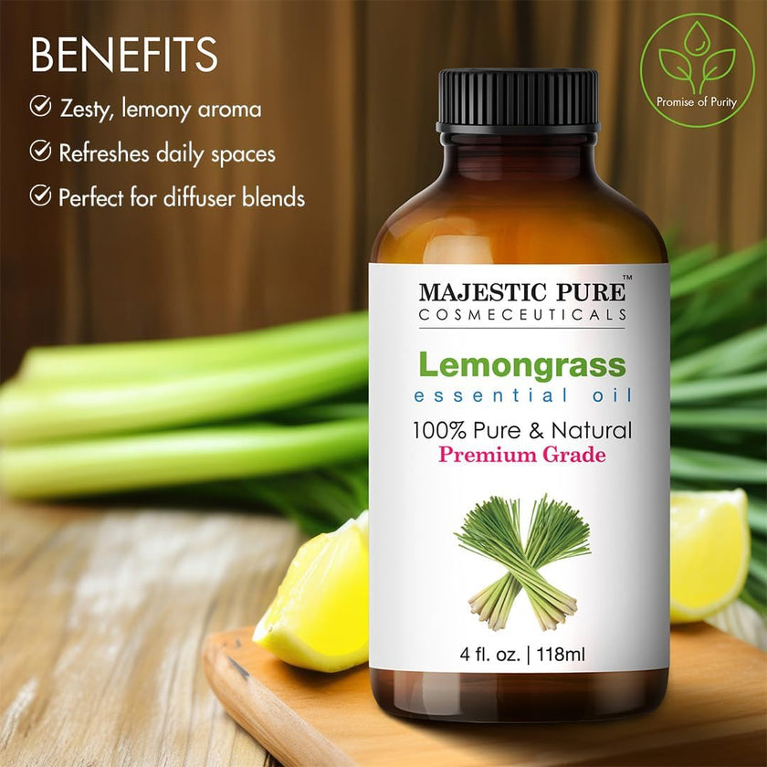 Majestic Pure Lemongrass Essential Oil - Huge 118 ml - 100% Pure and Natural Oil for Soap Making Scent- Premium Grade with Glass Dropper 🍁 All In One Marketplace Canada