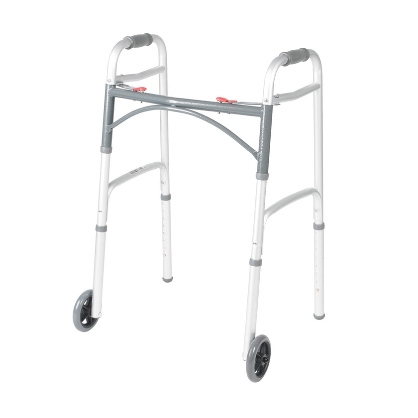 Drive Medical Two-Button Folding Walker w/ Wheels - Lightweight Rolling Mobility Support - Desk Arms - Adjustable Height - Dual Push-Button Operation - 5 Inch Front Wheels - Durable Aluminum - Silver 🍁 All In One Marketplace Canada