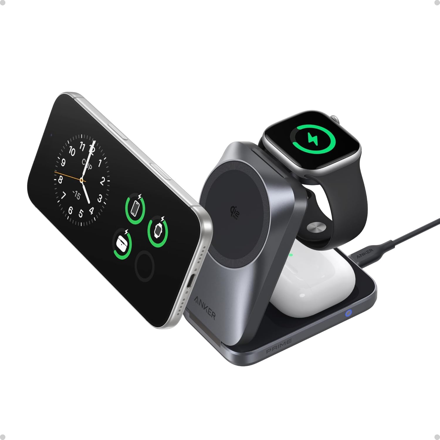 Anker Prime 3-in-1 Charging Station, AirCool Wireless Charger, 25W Qi2.2-Certified Palm-Sized Foldable MagSafe Charger Compatible with iPhone 17, Apple Watch, AirPods (Non-Battery, with Adapter) 🍁 All In One Marketplace Canada