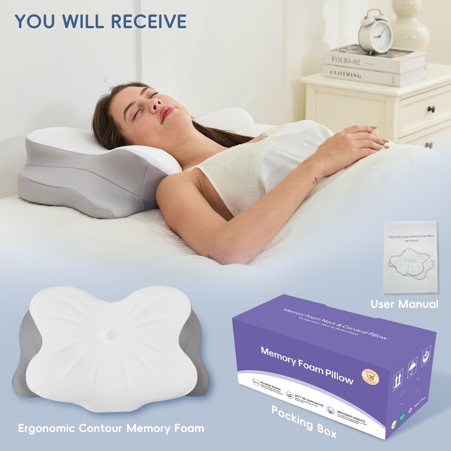 SNUGUP Ergonomic Cervical Neck Pillow, Memory Foam Neck Support Pillow with Contoured Design, Breathable Removable Pillowcase, for Side Back Stomach Sleepers, White 🍁 All In One Marketplace Canada