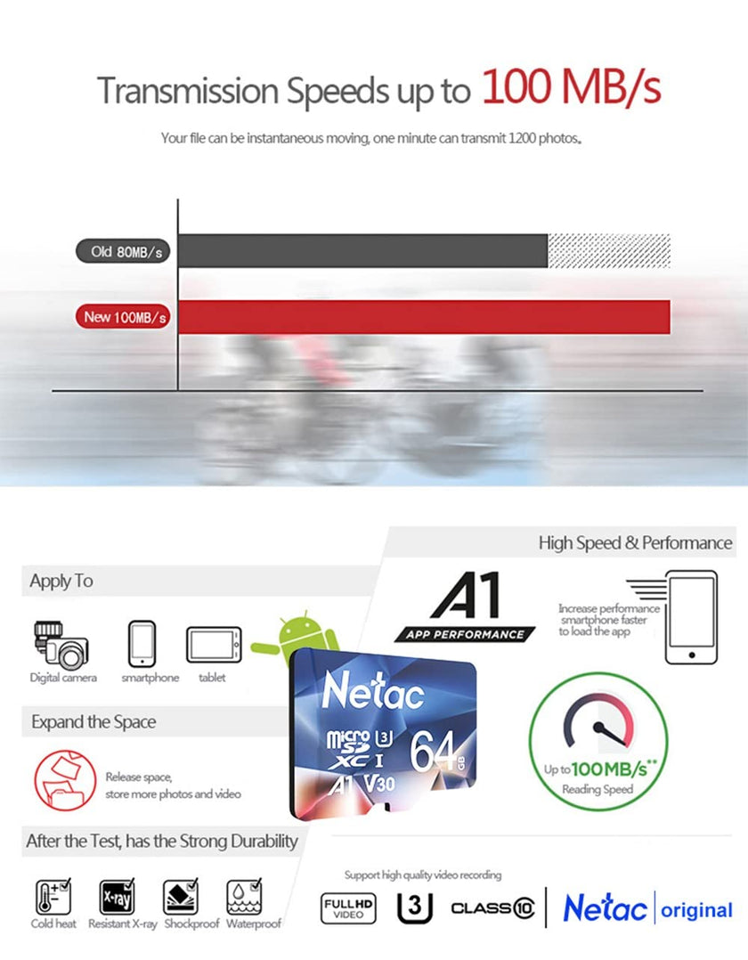 Netac 64GB 2 Pack Micro SD Card Speed up to 100MB/s for Action Cameras, Drones, Smartphones and Tablets, Memory Card SDXC UHS-I C10/U3/V30/A1 EXFAT 🍁 All In One Marketplace Canada