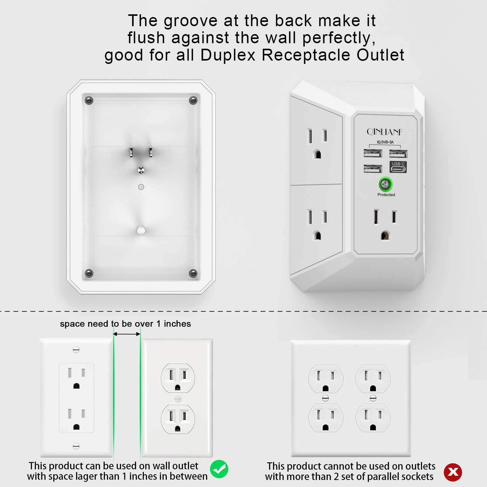 Wall Charger, Surge Protector, QINLIANF 5 Outlet Extender with 4 USB Charging Ports (4.8A Total) 3-Sided 1680J Power Strip Multi Plug Adapter Spaced for Home Travel Office (3U1C) 🍁 All In One Marketplace Canada