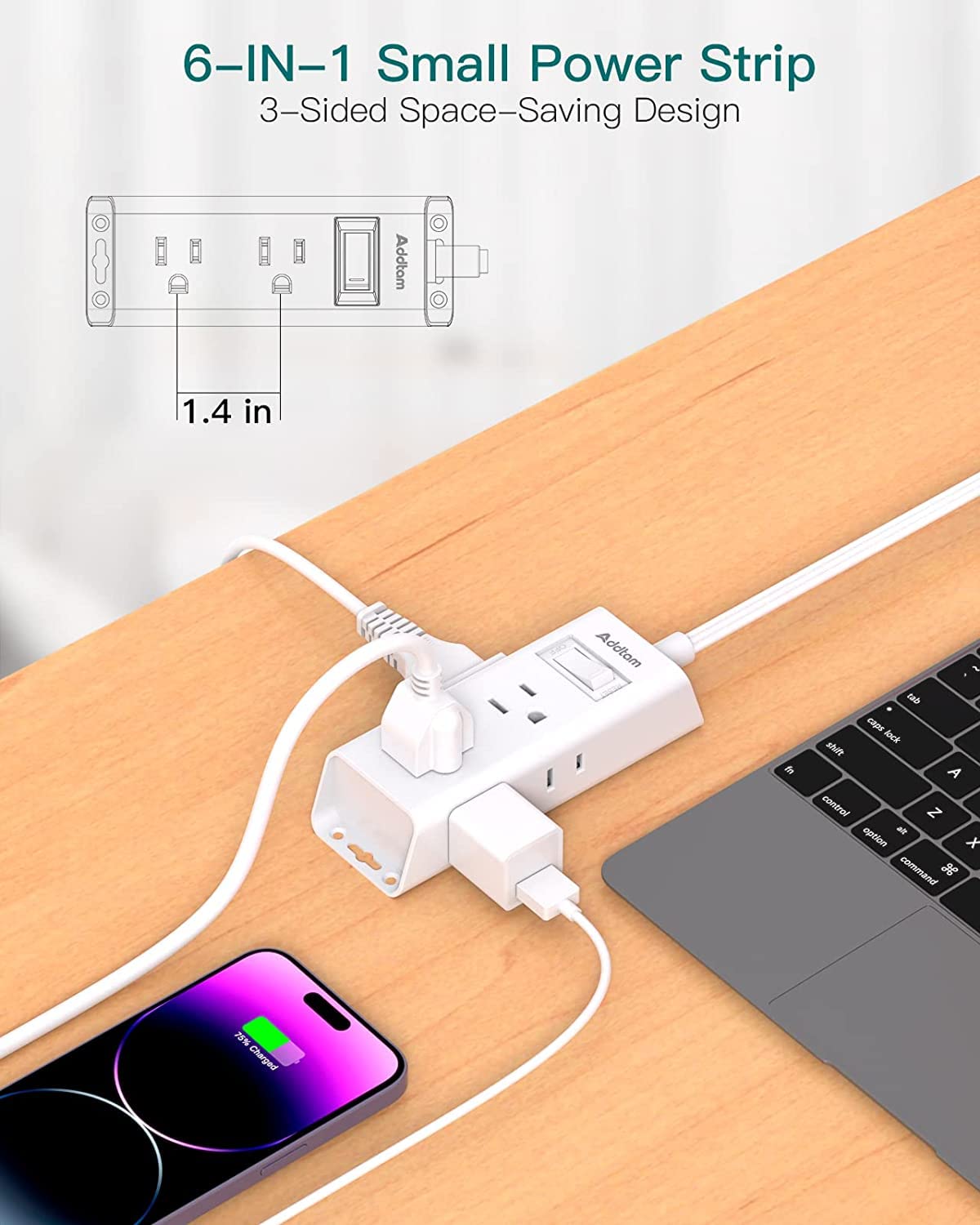 Travel Essentials - Flat Plug Power Bar, Addtam 5 ft Ultra Flat Extension Cord with 6 Outlets Extender, Multi Plug Outlet with No Surge Protector for Cruise Ship, Dorm Room, Home and Office Essentials 🍁 All In One Marketplace Canada