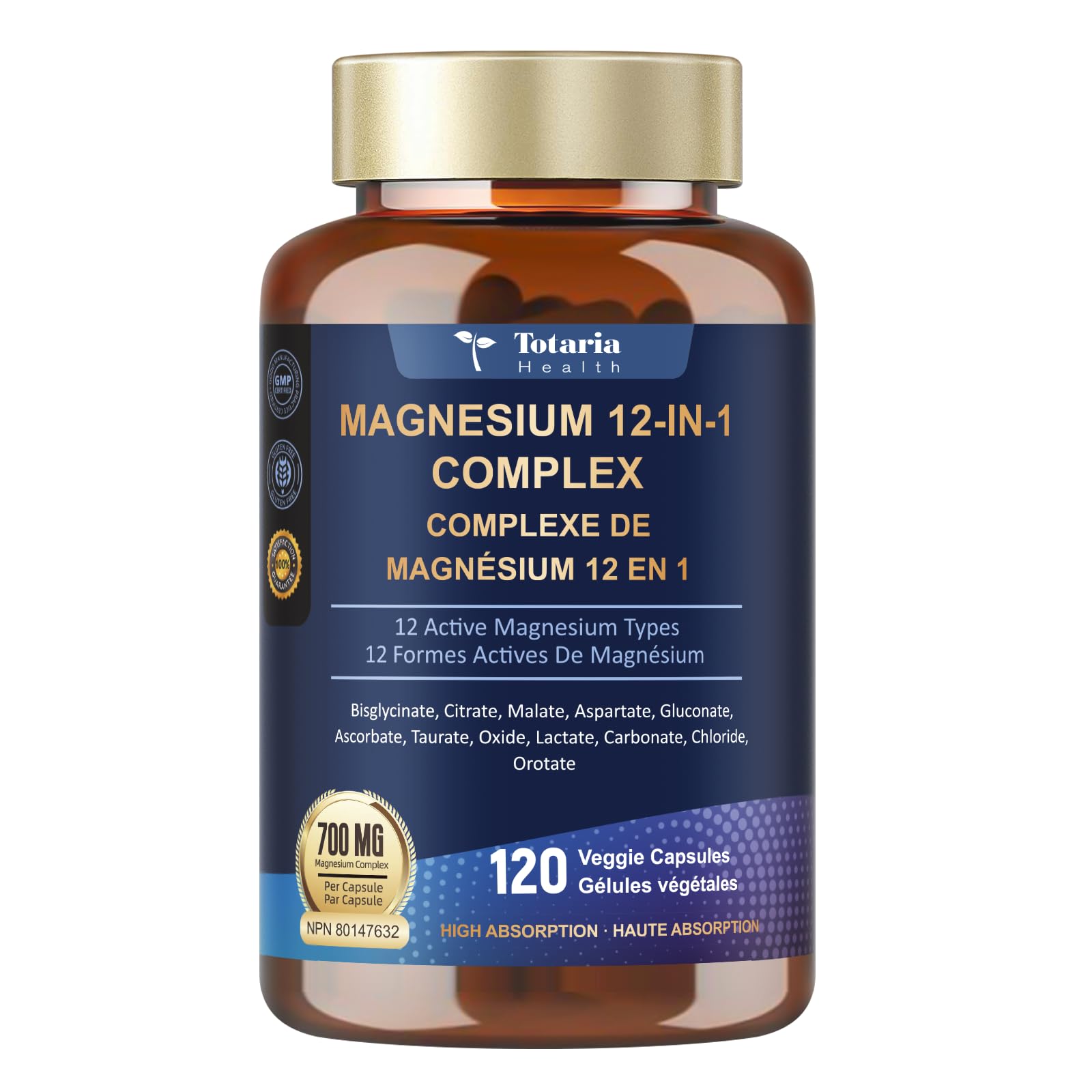 Totaria Magnesium Complex 700mg 12 in 1 Magnesium Supplement with Glycinate Citrate Malate Oxide Taurate Aspartate Orotate Magnesium Relaxation,Muscle,Heart Support, Vegan 120 Capsules 🍁 All In One Marketplace Canada