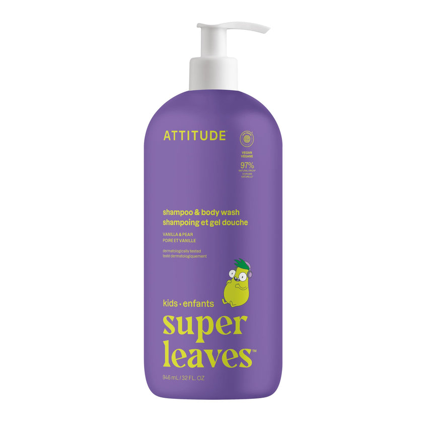ATTITUDE Shampoo and Body Wash for Kids, Made in Canada, EWG Verified Hair and Body Cleanser, Dermatologically Tested Soap, Plant and Mineral Based Bath Products, Vegan, Vanilla & Pear, 946 mL 🍁 All In One Marketplace Canada
