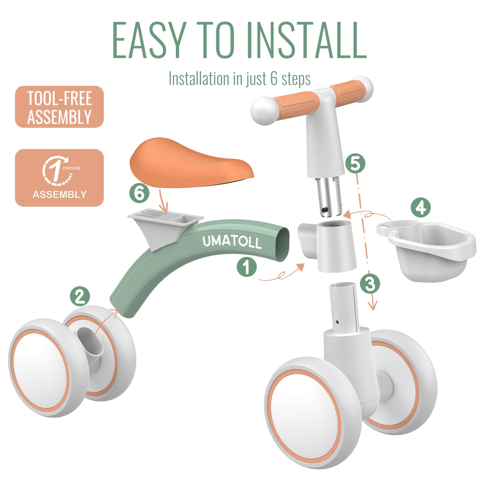Umatoll Baby Balance Bike Toys for 1 Year Old Boys Girls Gifts, Adjustable Seat Baby Walker, First Birthday Gifts, 12-24 Months Toddler Ride on Toys with Removable Basket, Green 🍁 All In One Marketplace Canada