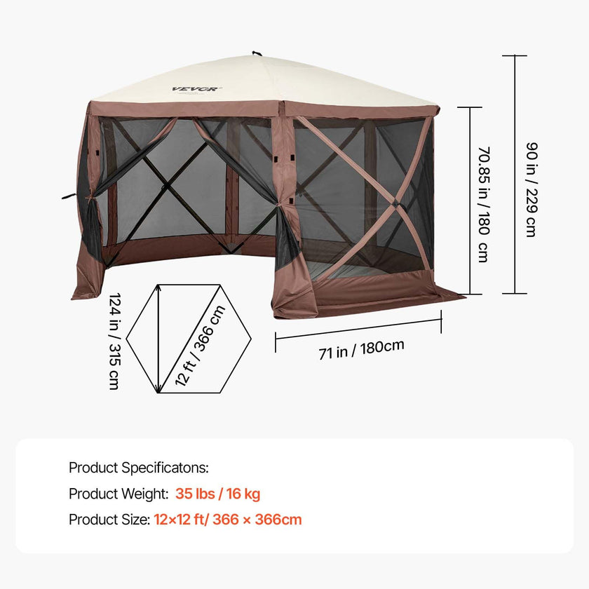 VEVOR Camping Gazebo Tent, 12'x12', 6 Sided Pop-up Canopy Screen Tent for 8 Person Camping, IPX3 Water-Resistant Screen Shelter w/Portable Storage Bag, Ground Stakes, Mesh Windows, Brown & Beige 🍁 All In One Marketplace Canada