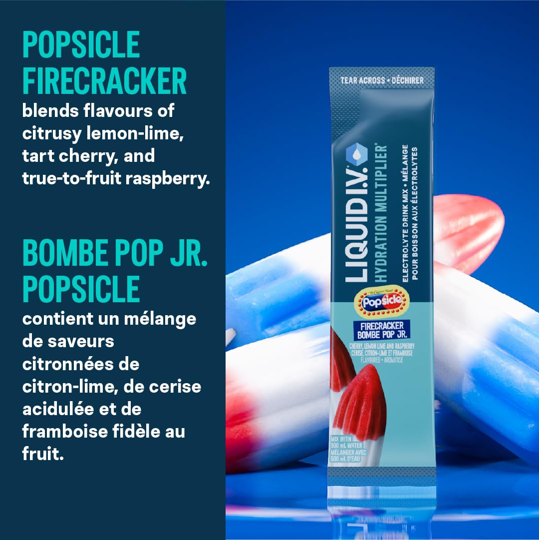 Liquid I.V. Hydration Multiplier Electrolyte Drink Mix - Enhanced Hydration Electrolyte Powder with Vitamins B3, B5, B6, B12 and C -18x On-the-go Sticks for Workout and Travel - Firecracker 🍁 All In One Marketplace Canada
