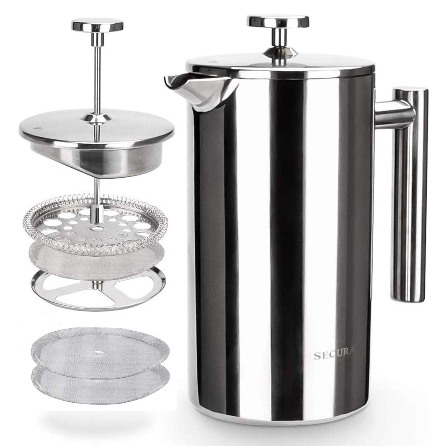 Secura French Press Coffee Maker, 304 Grade Stainless Steel Insulated Coffee Press with 2 Extra Screens, 34oz (1 Litre), Silver 🍁 All In One Marketplace Canada