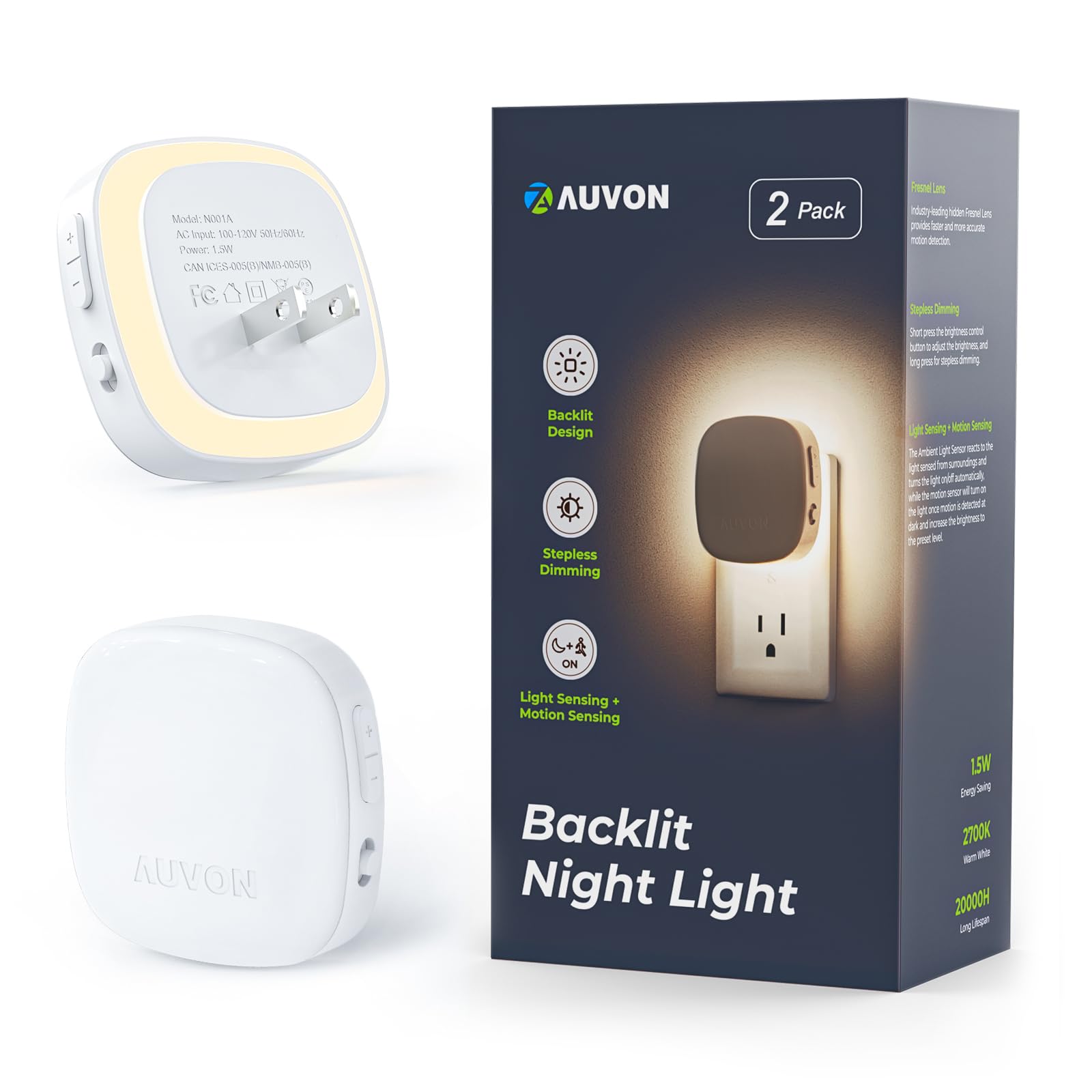AUVON Plug-in LED Backlit Night Light with Motion Sensor & Dusk to Dawn Sensor, Dimmable Warm White Nightlight with 1-50 lm Adjustable Brightness for Bathroom, Bedroom, Hallway, Stairs (2 Pack) 🍁 All In One Marketplace Canada