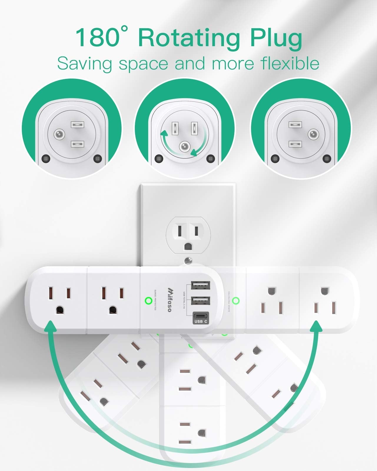 USB Outlet Extender Surge Protector - with Rotating Plug, 6 AC Multi Plug Outlet and 3 USB Ports (1 USB C), 3-Sided Swivel Power Strip with Spaced Outlet Splitter for Home, Office, Travel 🍁 All In One Marketplace Canada