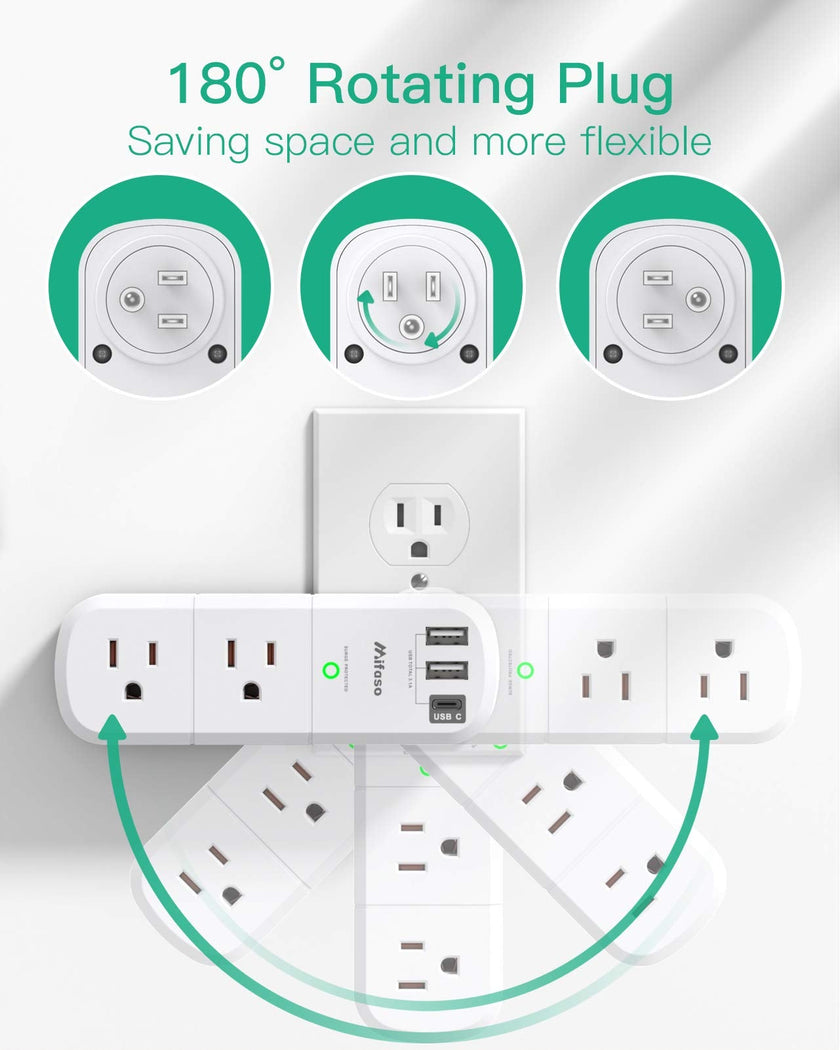USB Outlet Extender Surge Protector - with Rotating Plug, 6 AC Multi Plug Outlet and 3 USB Ports (1 USB C), 3-Sided Swivel Power Strip with Spaced Outlet Splitter for Home, Office, Travel 🍁 All In One Marketplace Canada