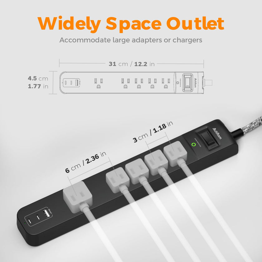2 Pack Power Bar Surge Protector - 5 Widely Spaced Outlets 3 USB Charging Ports(2 USB C), 1875W/15A with 6Ft Braided Extension Cord, Flat Plug, Overload Surge Protection, Wall Mount for Home Office 🍁 All In One Marketplace Canada