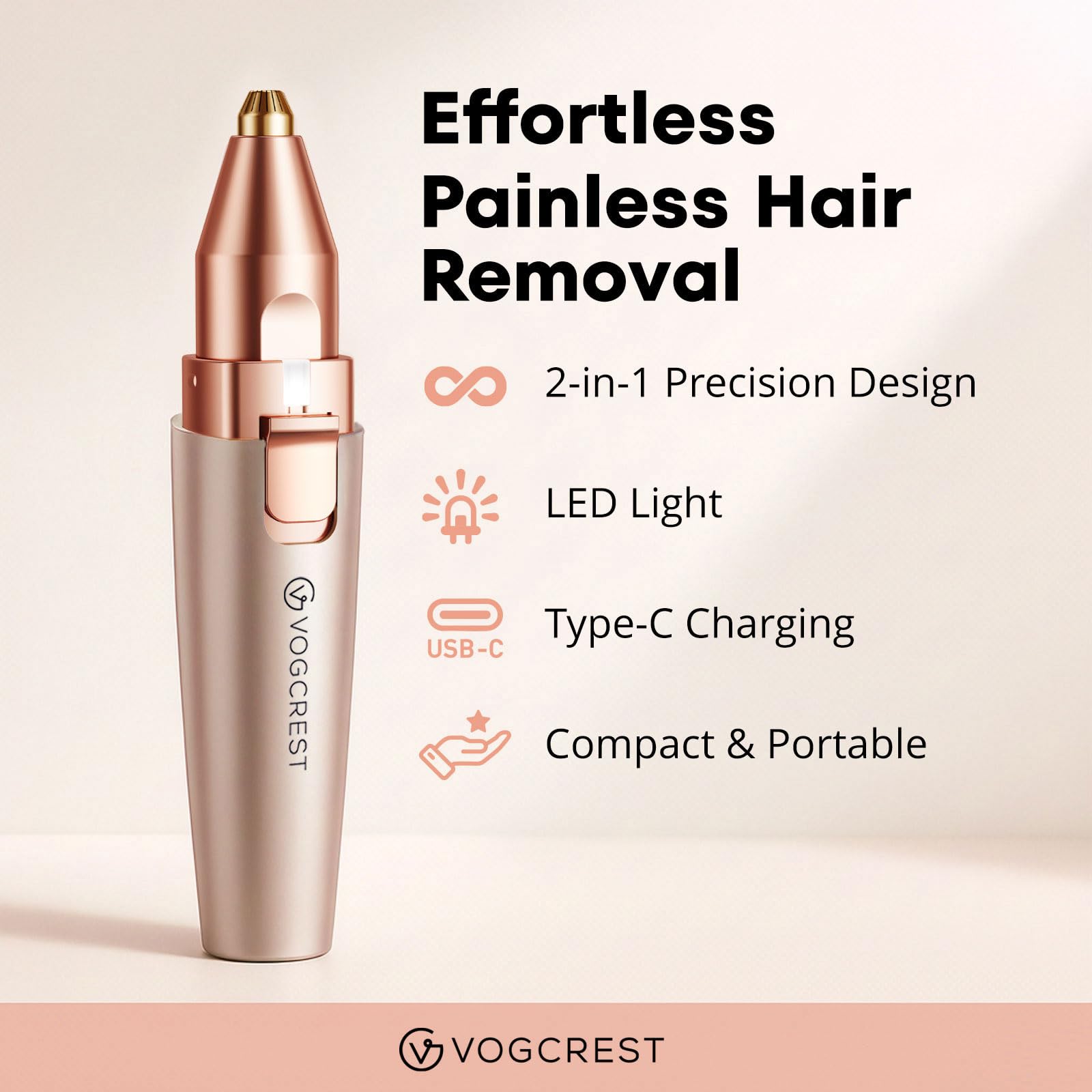 VG VOGCREST Eyebrow Facial Trimmer: 2 in1 Rechargeable Facial Hair Removal and Eyebrow Shaver - Face Lips Body Painless Facial Razor with Built-in LED Light (Rose Gold) 🍁 All In One Marketplace Canada