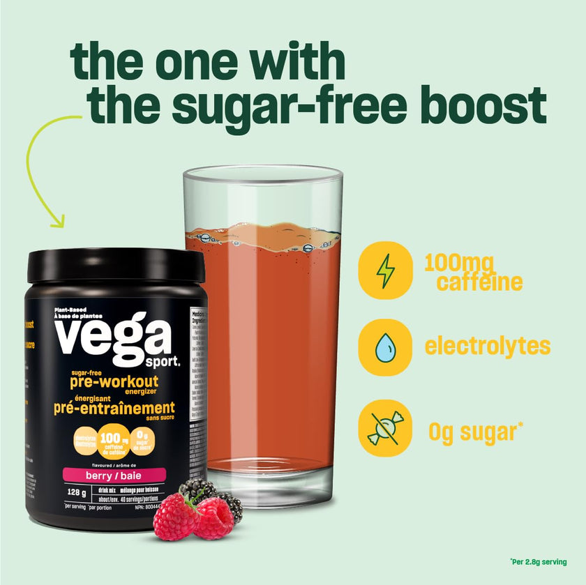 Vega Sport Sugar Free Pre-Workout Energizer, Lemon Lime (40 Servings) Vegan Preworkout Energy Powder, Gluten Free, 100mg Caffeine, Non GMO, 136g (Packaging May Vary) 🍁 All In One Marketplace Canada