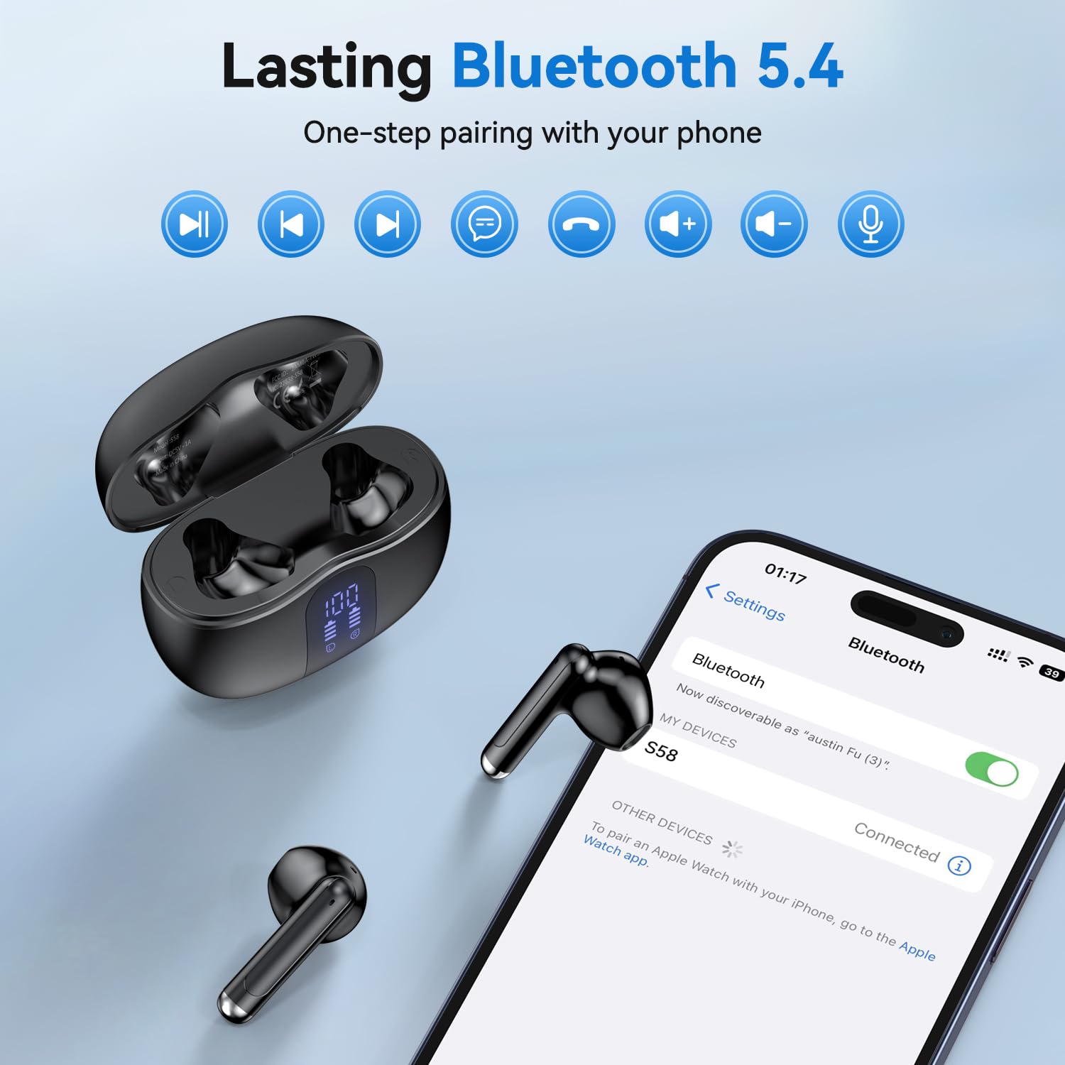 Wireless Earbuds, Bluetooth 5.4 Bass Stereo Headphones with 4 ENC Mic, 50H Playback Ear Buds with Charging Case LED Display,Sport Earphones IPX7 Waterproof for Phone, Android, Pad, DeepBlack 🍁 All In One Marketplace Canada