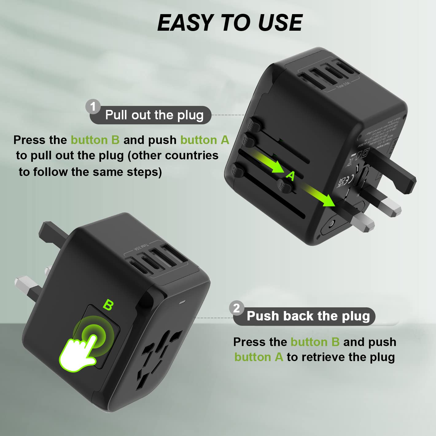 RXSQUL Universal International Power Travel Plug Adapter, 5 in 1 European Travel Plug Adapter W/ 3.5A 2xUSB-A And 2xUSB C Wall Charger and Worldwide AC Outlet for Europe USA UK AUS Asia-Black 🍁 All In One Marketplace Canada