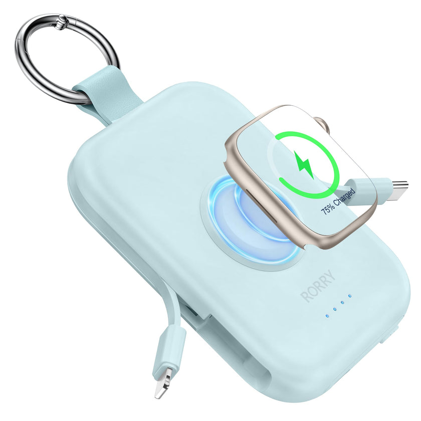 RORRY CharmGo Portable Charger, 5000mAh Portable Charger Power Bank with Built-in Cables, Travel Keychain Battery Pack for Apple Watch Ultra 3/2/10/9/8/Ultra/7/6/SE, iPhone 17/16/15, Blue 🍁 All In One Marketplace Canada