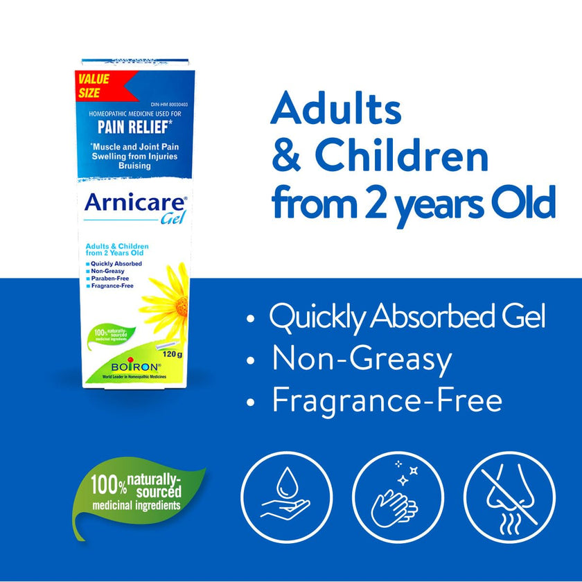 Boiron Arnicare Gel 120g for pain relief, Muscle pain and joint pain. Eases resorption of bruises and inflammatory oedema caused by falls, blows, blunt injury or surgery. 🍁 All In One Marketplace Canada
