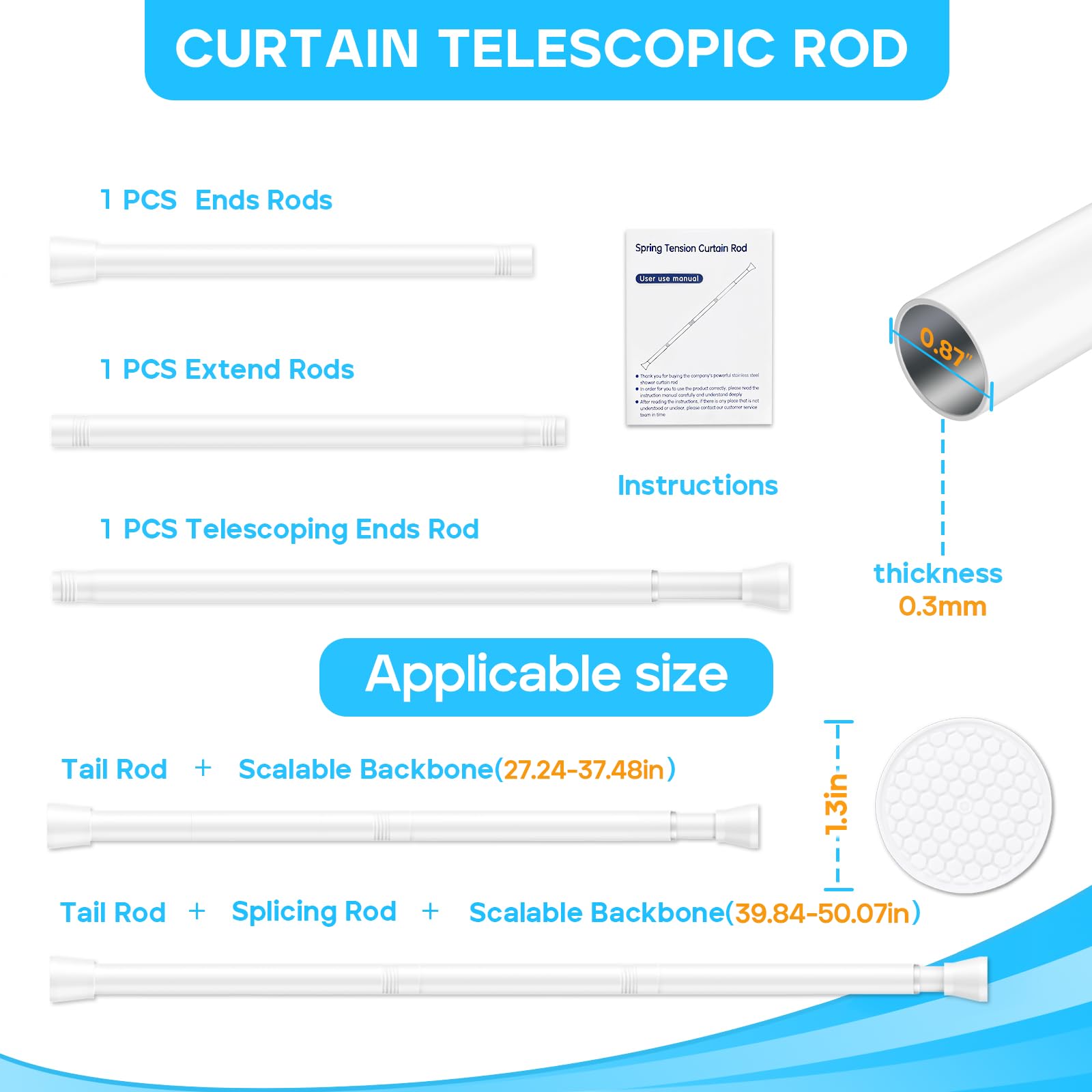 White Tension Curtain Rod for Windows 28 to 48 inch, Adjustable Expandable Pressure Spring Curtain Rod No Drilling, 7/8