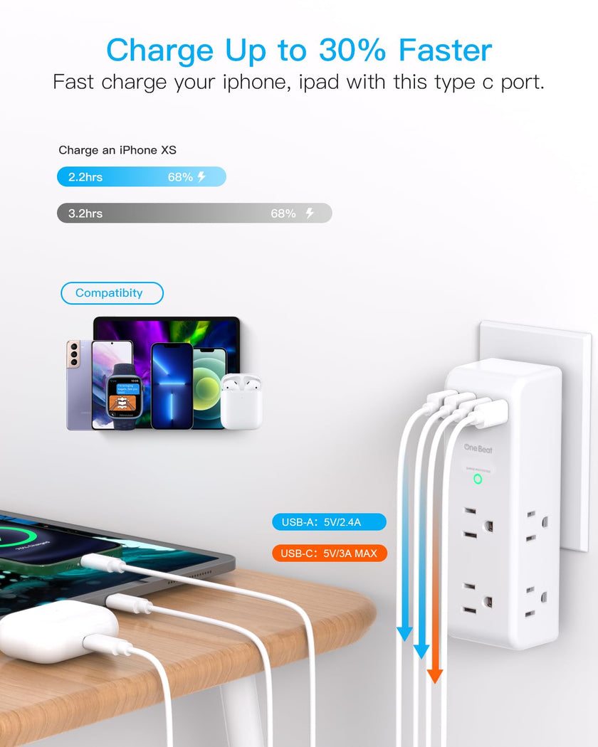 Surge Protector Outlet Extender - with Rotating Plug, 6 AC Multi Plug Outlet with 4 USB Ports (2 USB C), 1800 Joules, 3-Sided Swivel Power Bar with Spaced Splitter for Home, Office, Travel 🍁 All In One Marketplace Canada