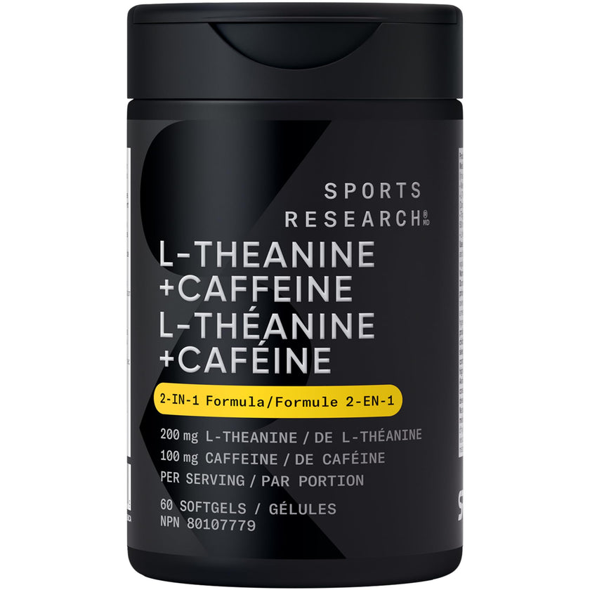 Sports Research® 2-in-1 L-Theanine Supplement with Caffeine & MCT Oil from Organic Coconuts - Focused Energy, Alertness & Relaxation Without Drowsiness - 200mg L Theanine, 100mg Caffeine - 60 Softgels 🍁 All In One Marketplace Canada