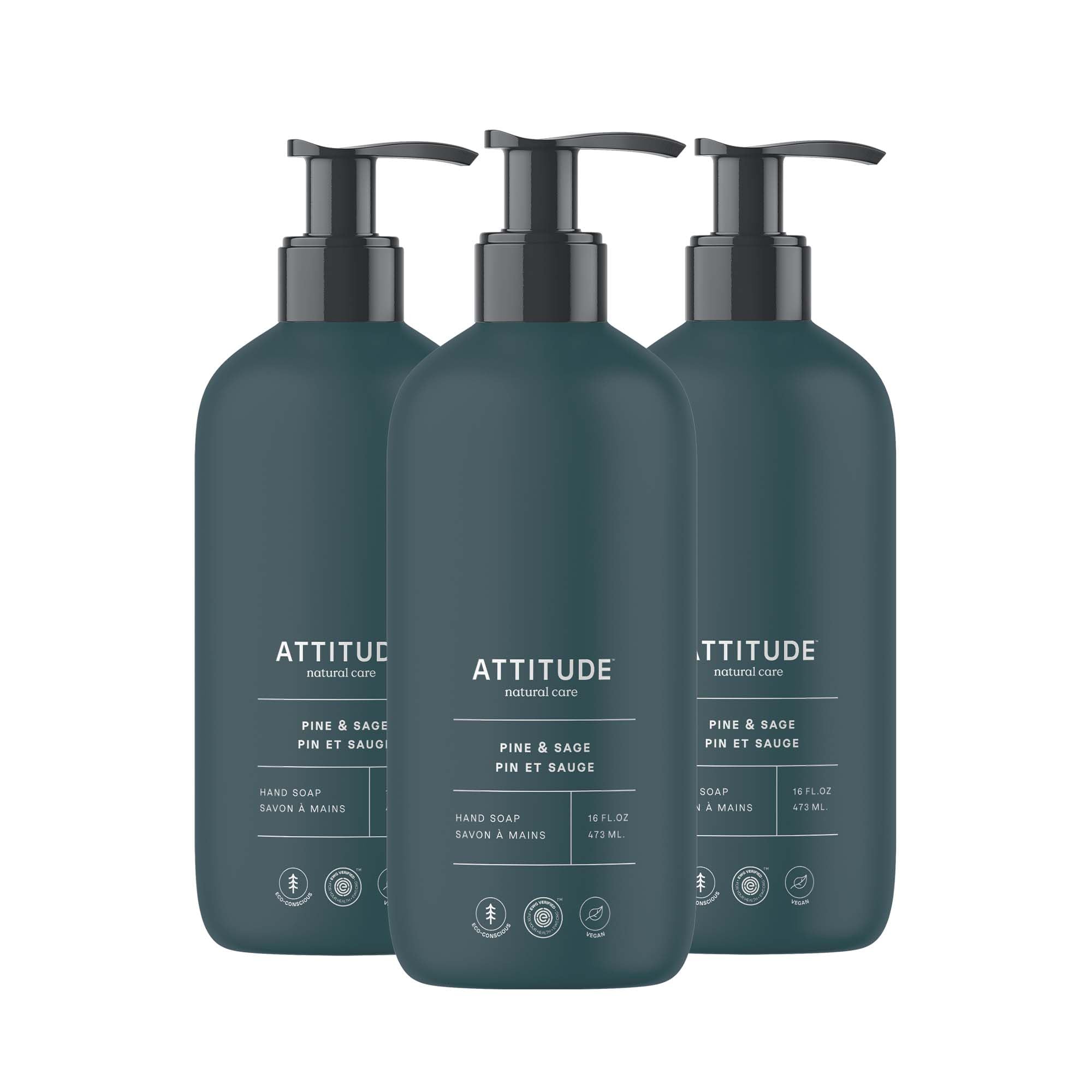 ATTITUDE Limited Edition Liquid Hand Soap, EWG Verified, Plant and Mineral-Based, Vegan Personal Care Products, Pine & Sage, 473 mL (Pack of 3) 🍁 All In One Marketplace Canada