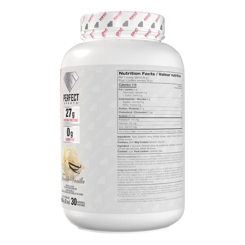 PERFECT SPORTS Diesel New Zealand Whey Isolate Protein Powder | 27g Grass Fed Protein, Zero Carbs & Fat | Keto Friendly, Naturally Flavoured, Gluten Free | 2LB (French Vanilla) 🍁 All In One Marketplace Canada