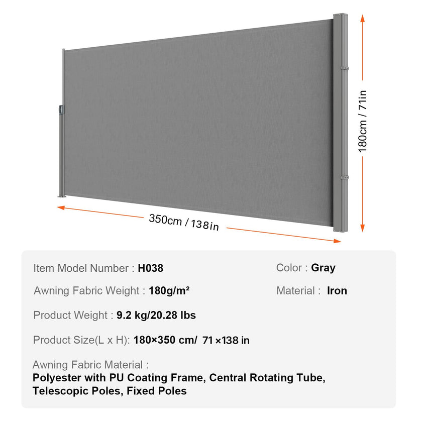 VEVOR Retractable Side Awning, 71''x 138'' Outdoor Privacy Screen, 180g Polyester Water-Proof Retractable Patio Screen, UV 30+ Room Divider Wind Screen for Patio, Backyard, Balcony, Gray 🍁 All In One Marketplace Canada