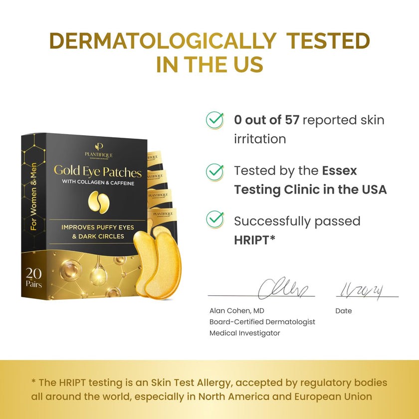 PLANTIFIQUE 24K Gold Under Eye Patches - Dermatologist Tested - 20 Pairs Cooling Eye Masks for Dark Circles & Puffiness, with Collagen & Hyaluronic Acid - Patch Yeux 🍁 All In One Marketplace Canada