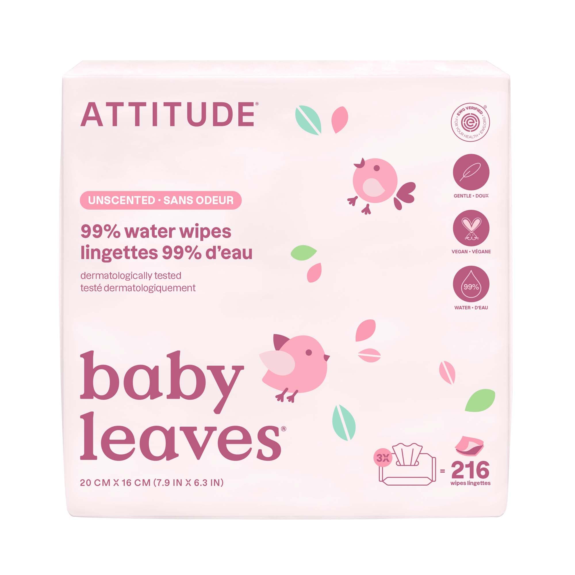 ATTITUDE Baby Water Wipes, EWG Verified, Safe for Newborns, Unscented & Fragrance-Free, 99% Water, Gentle & Hypoallergenic, Vegan & Dermatologically Tested, Travel Pack with Hard Lid, 72 Count (Pack of 3) 🍁 All In One Marketplace Canada