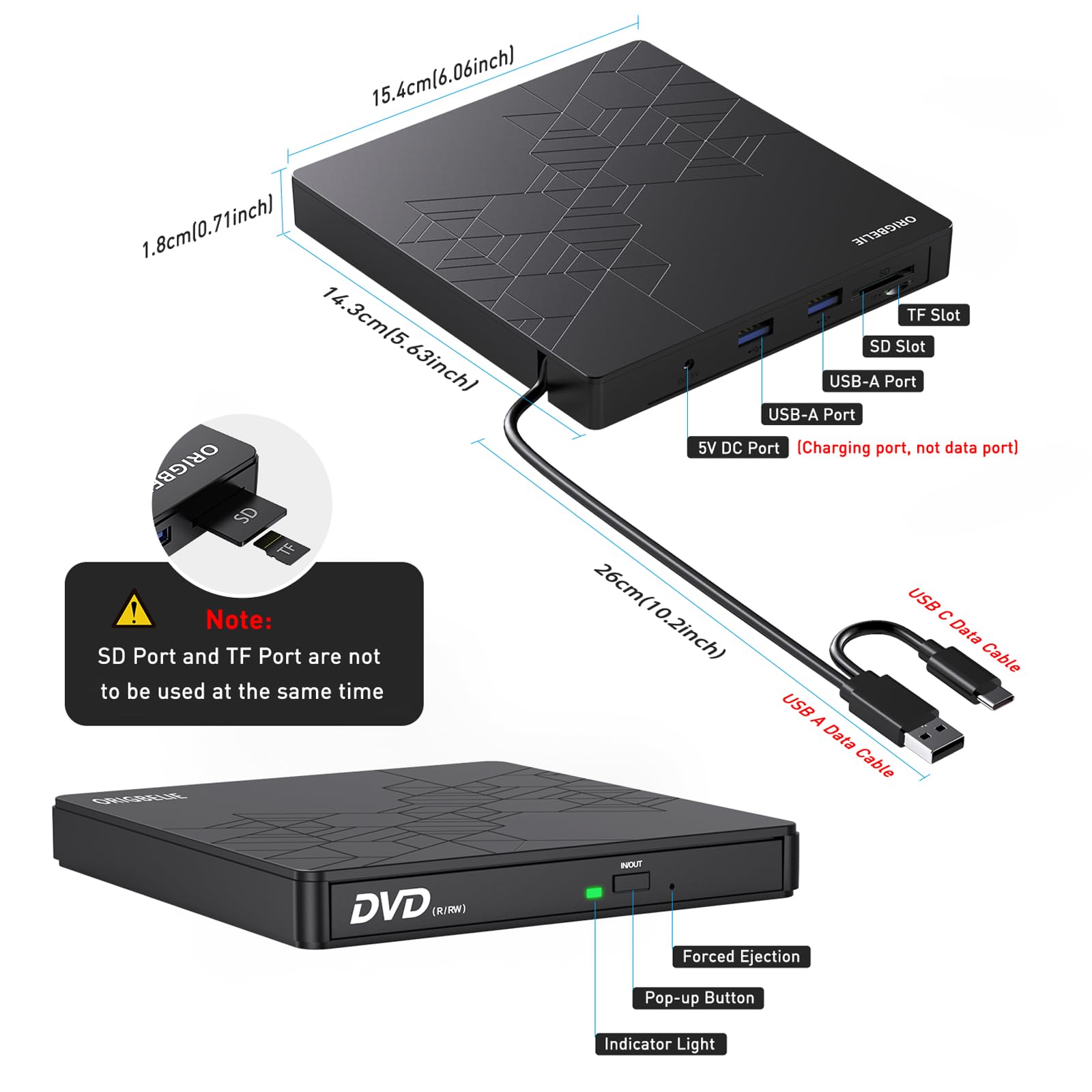ORIGBELIE External DVD Drive, CD Drive USB 3.0 Typle C CD/DVD ROM +/-RW Adapter with USB Port DVD Burner for Laptop PC Desktop Computer, Optical Disk Drive CD Player Compatible with Mac Windows Linux 🍁 All In One Marketplace Canada