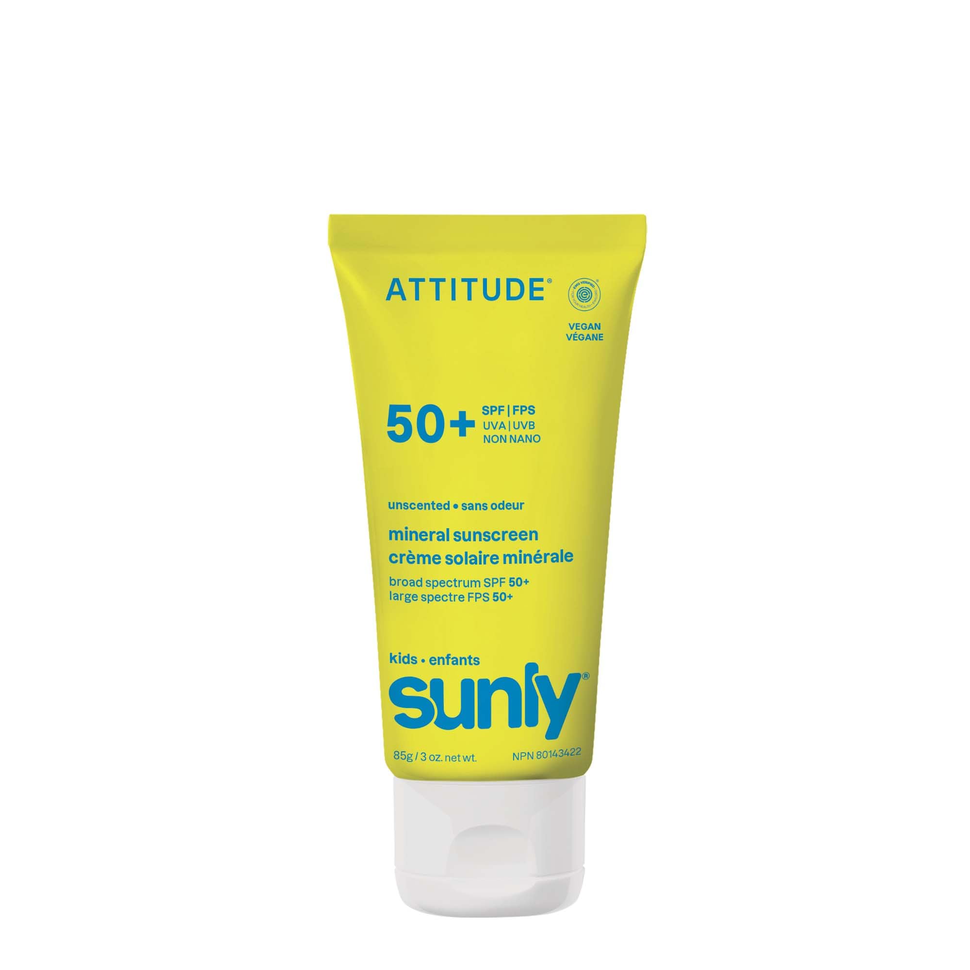 ATTITUDE Kids Mineral Sunscreen SPF 50, Broad Spectrum Zinc Oxide, EWG Verified, Mineral-Based, Non-Nano, Lightweight Cream for Face & Body, Gentle Formula, Unscented, 80 grams 🍁 All In One Marketplace Canada