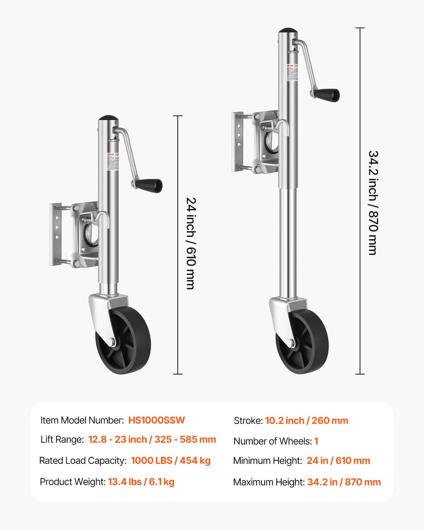 VEVOR Trailer Jack with Wheel, 1000 lbs Load Capacity, Heavy Duty Swivel Boat Trailer Jack with PP Single Wheel & Ergonomic Handle, 10-inch Lift, Fit for RVs, Boats, Horse Trailers, Utility Trailers 🍁 All In One Marketplace Canada