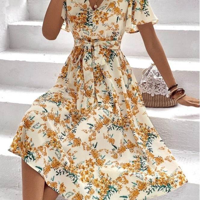 Women Bohemian Spring Short sleeve Casual flowy V-neck Tie belt Floral Summer Midi Dress