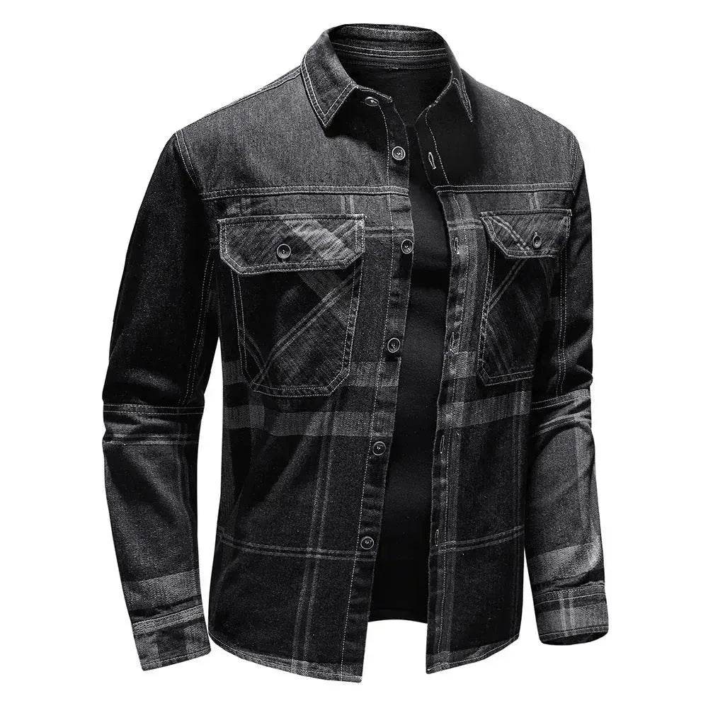 Fashion Plaid Denim Long-sleeved mens denim shirt Slim fit Jeans Shirt for men Denim top for men