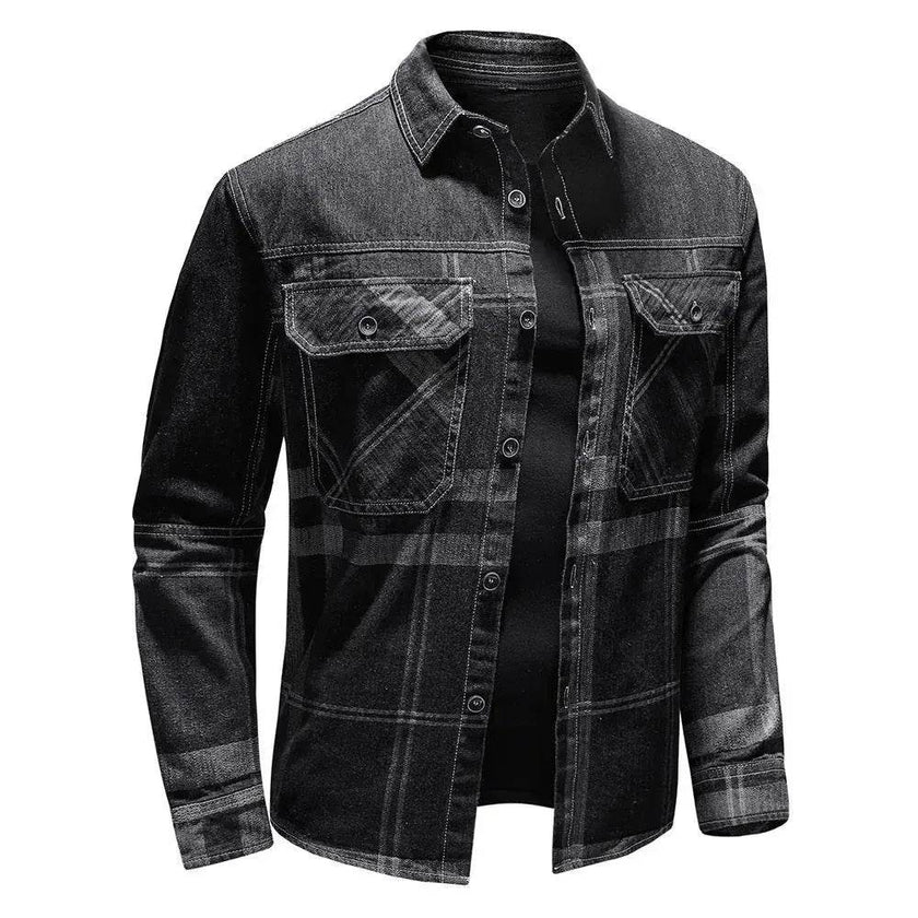 Fashion Plaid Denim Long-sleeved mens denim shirt Slim fit Jeans Shirt for men Denim top for men