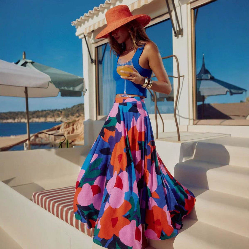 Bohemian Floral Pleated Maxi Skirt | Vintage A-Line Skirt for Women