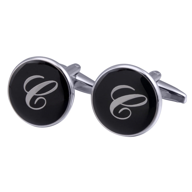 Men's Black Round Enamel Initial Letter Cufflinks – Brass & Crystal Formal Cufflinks A–Y | Canada & USA