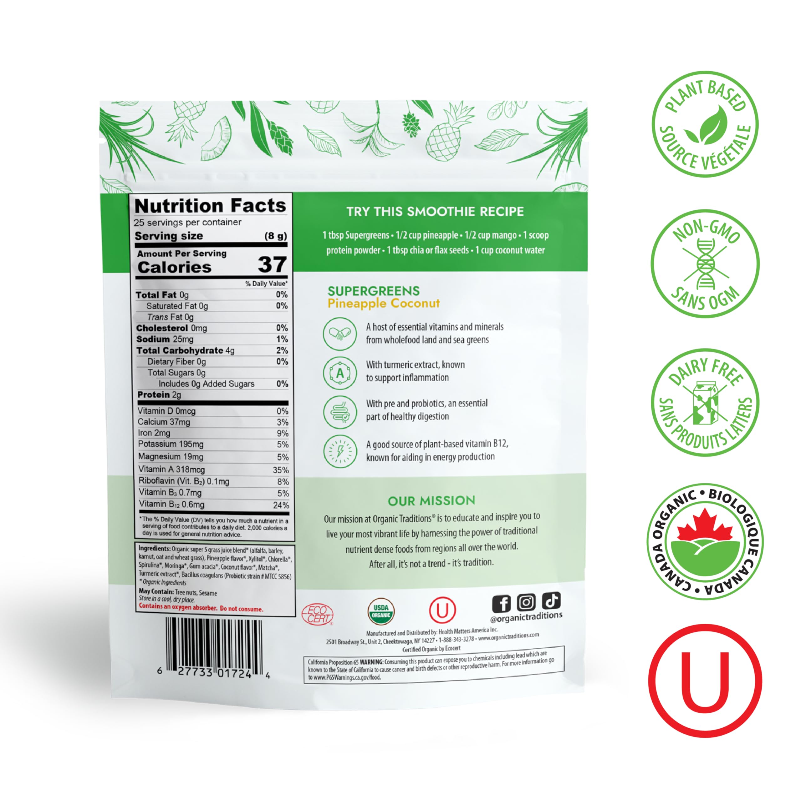 Organic Traditions - Supergreens - Pineapple Coconut (100g)