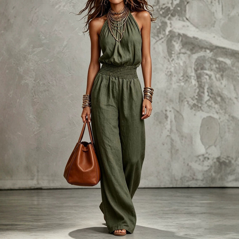 Women's Halter Neck Backless Wide-Leg Jumpsuit | Sleeveless Lace-Up Onesie