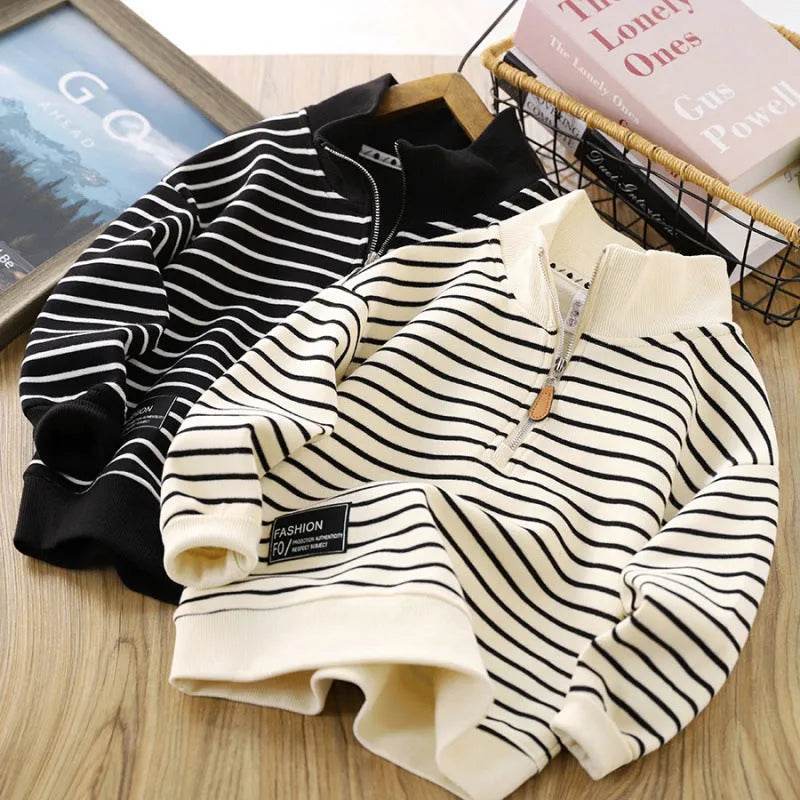 Kids Striped Zip Sweatshirt, Polo Collar Pullover Top