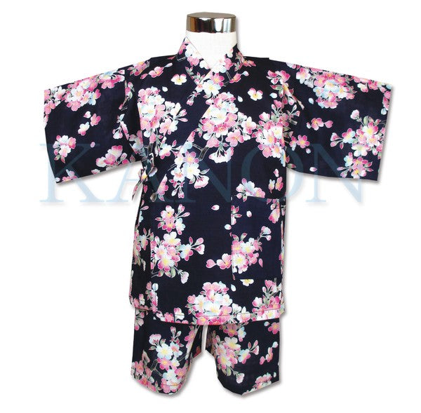 [Pre-Order] Girls' Jinbei Set: Weeping Cherry - Navy 2-Piece Set (Textured Cotton) (Save 50% in January)