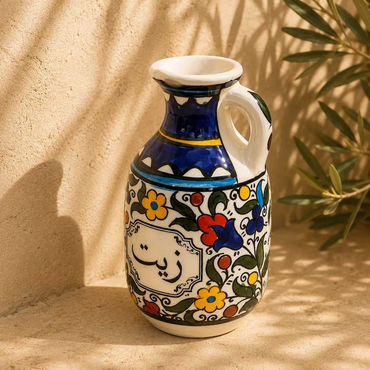 Ceramic Oil Jug ( Oil Dispenser) 15 cm (Zatoun, Colorful & Blue Floral) – Oil Pourer
